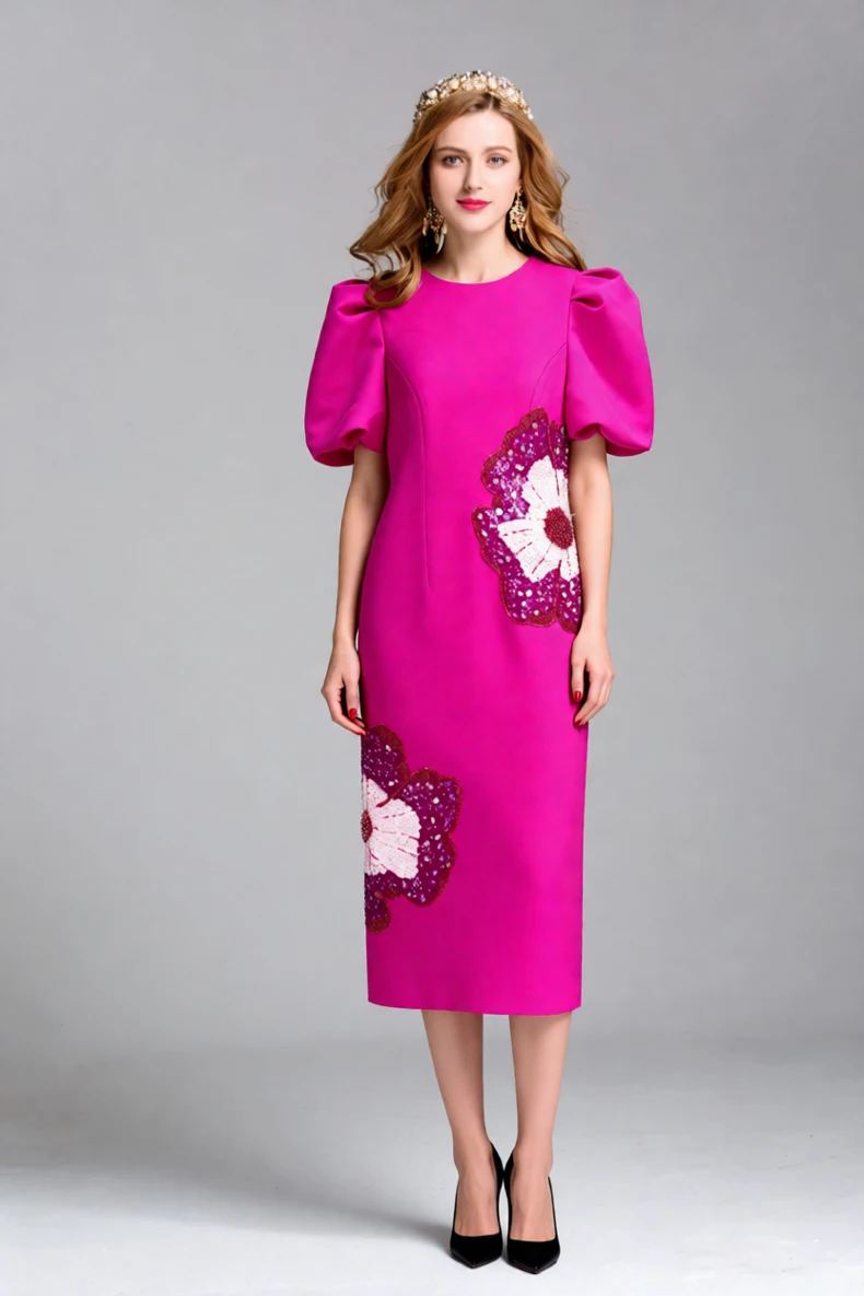 Fuchsia Pink Puff Sleeve Dress with Sequin Flower Embellishment, Perfect for Parties and Special Occasions