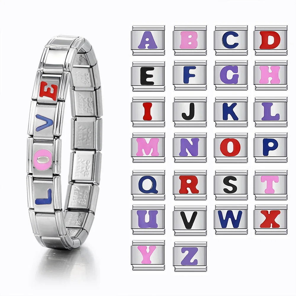1 stück Bunte 26 Buchstaben Charme Edelstahl Italienische Elastische Link Armband Öl Tropfen Mode Schmuck Zubehör DIY Machen – Detail 1