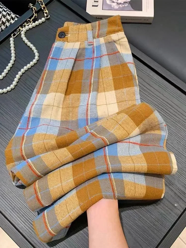 American Vintage Fall Plaid Wide Leg Pants Women Casual Loose High Waist Retro High Quality Straight Pant Trousers Pockets Lady