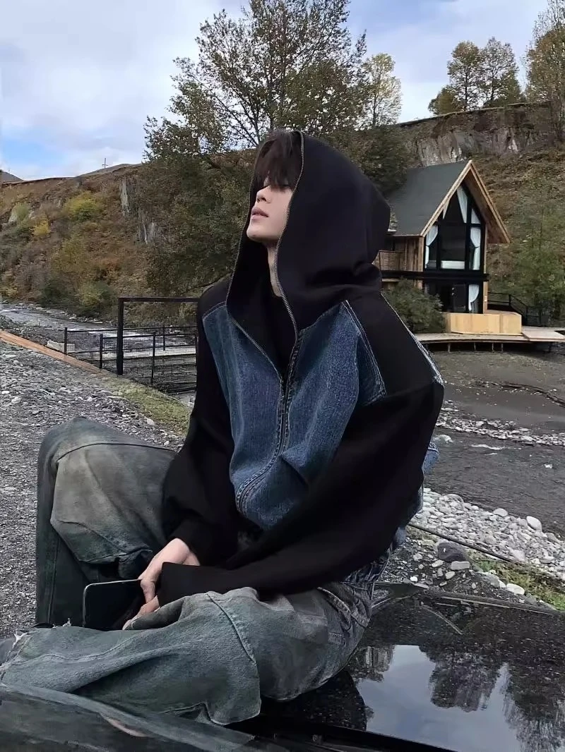 Denim Hoodies Jackets Men American Style High Street Retro Tops Handsome Stylish Padded Shoulder Long Sleeve Hooded Sweatshirts