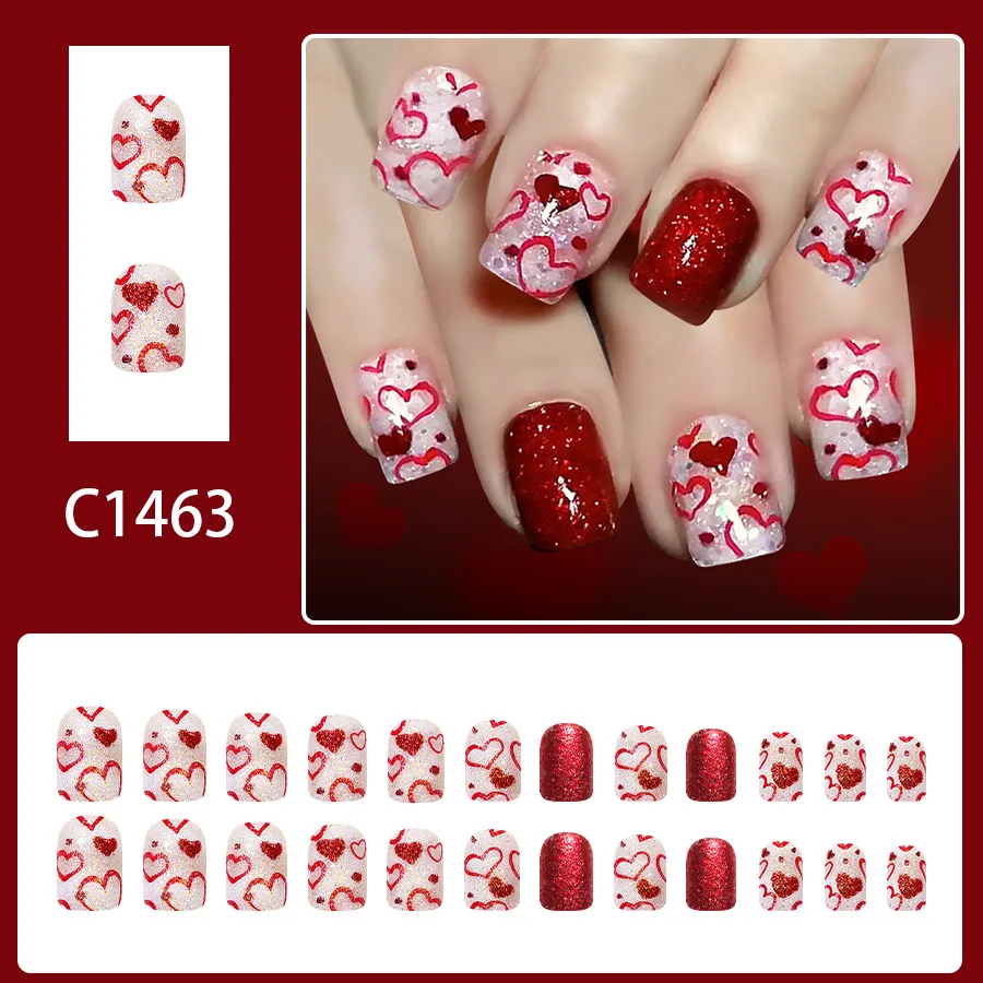 Imprensa quadrada brilhante curta em unhas 24 peças pontos de coração vermelho glitter doce dia dos namorados unhas falsas para mulheres