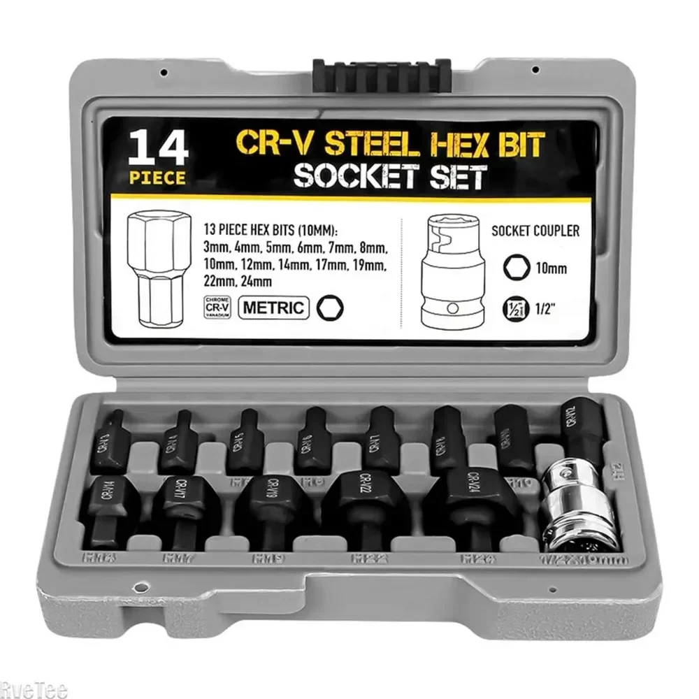 3-24mm Allen Key Hex 14Pcs Allen Hex Bit Socket Set Hexagon Bit Socket Wrench Head Tool for Ratchet 1/2 Inch Drive Screw Driver