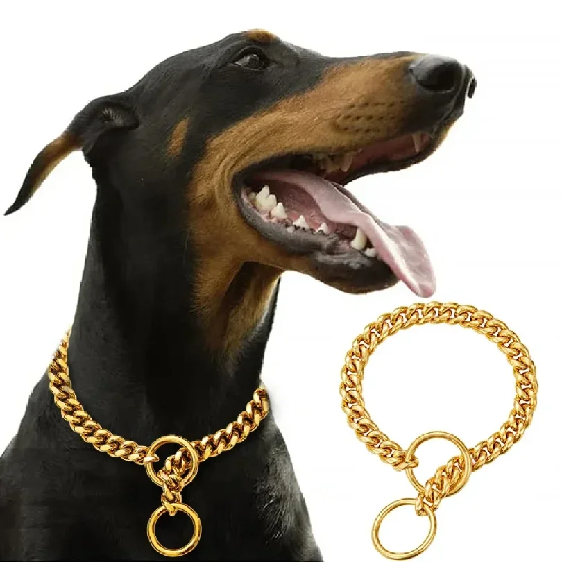 Collar de cadena de acero inoxidable para perros, con eslabones grandes y medianos, de acero dorado, estilo cubano, para paseo y entrenamiento