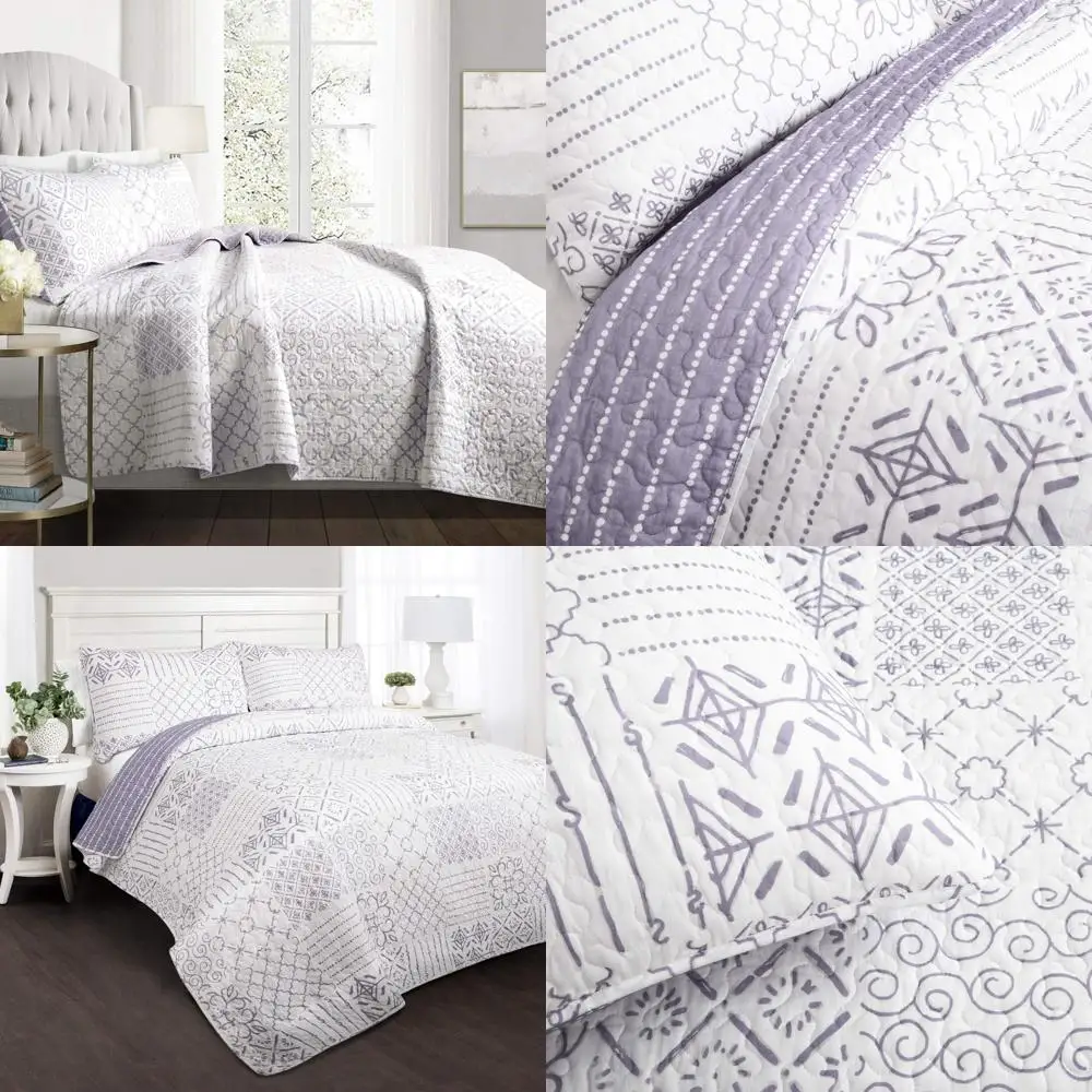 

King Size Lavender Reversible Print Quilt Set with 3-Piece Pattern