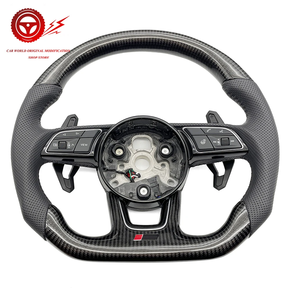 Carbon Fiber Perforated Leather Multifunctional Flat Bottomed Sports Steering Wheel  With Heating, For Audi A3 A4 B9 A5 S3 S4 S5