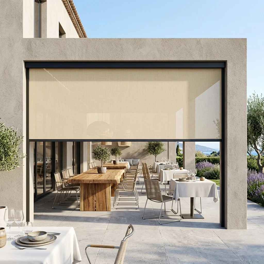 Motorized Zip Track Outdoor Blinds. Windproof & waterproof. PVC roller shade for patio sun shading. Electric external rolling.