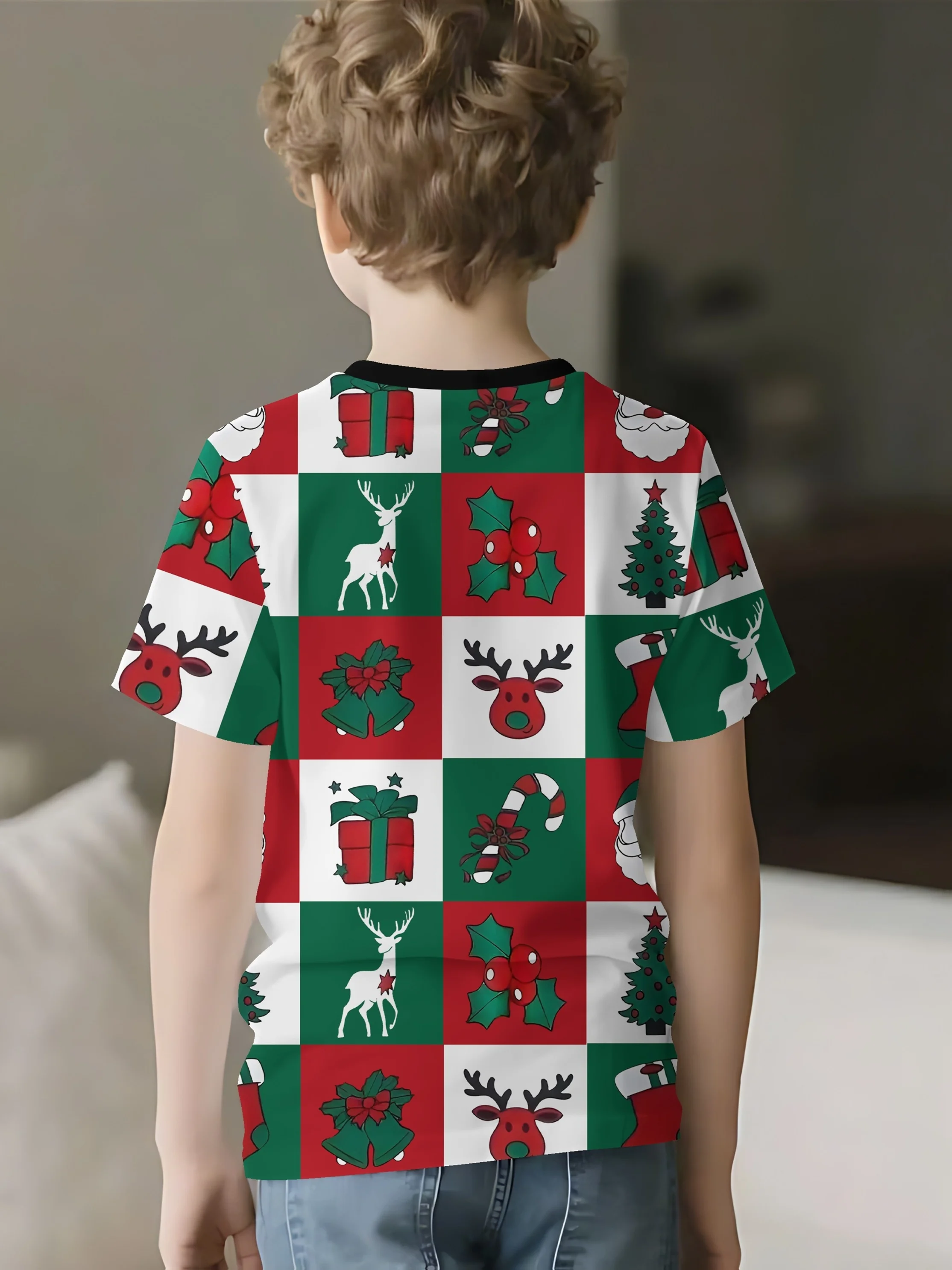 Kids Fashion Christmas Print T‑Shirt, Red‑Green Check Xmas Elements Art Short Sleeve Crew Neck Holiday Casual Tee
