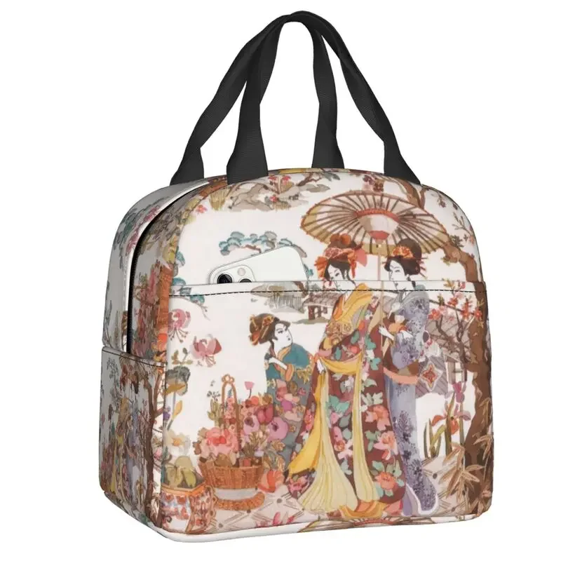 Vintage Japanese Geishas Traditional Art Insulated Lunch Bags for Work School Portable Thermal Cooler Bento Box Women Kids