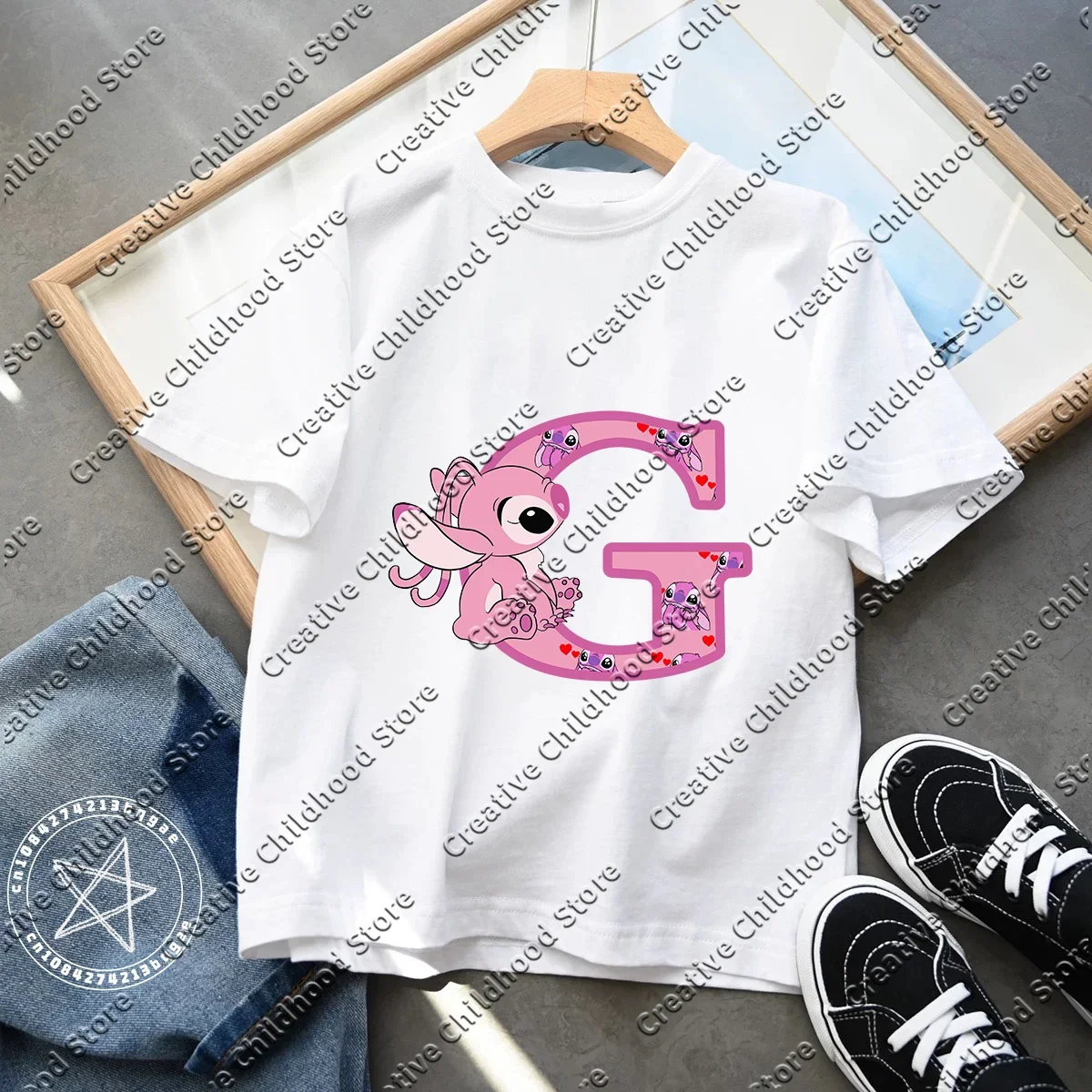 Stitch Angel Letter A B C Children T-Shirt Combination Tee Shirts Cartoons Kawaii Kid Casual Clothes Girl Boys Harajuku Top Gift