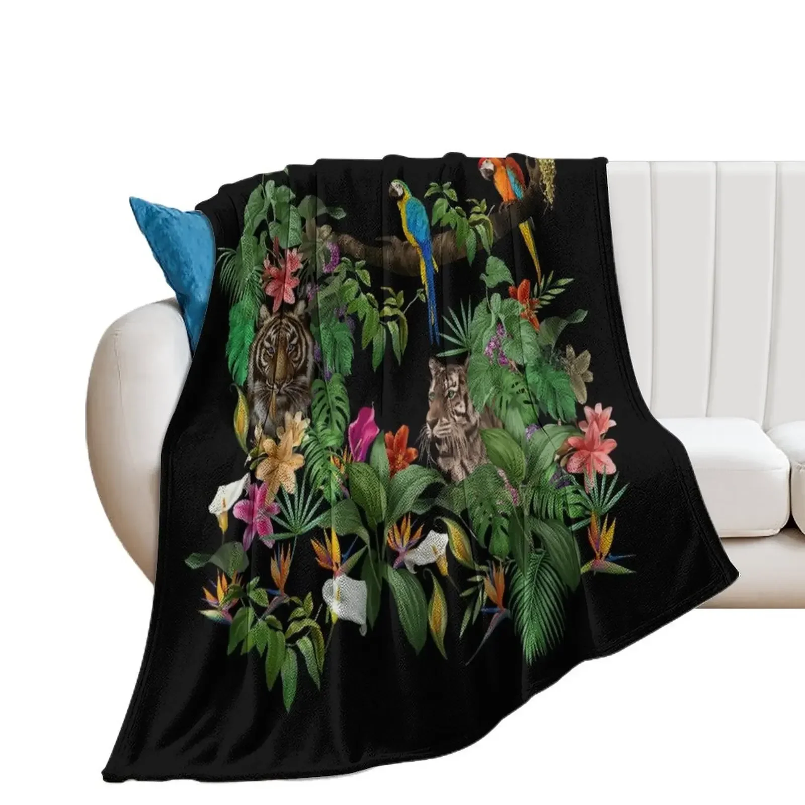 Jungle pattern.Leopard and parrot ,tropical leaves and flowers.Dark exotic forest. Throw Blanket Hairy Decorative Sofa Blankets