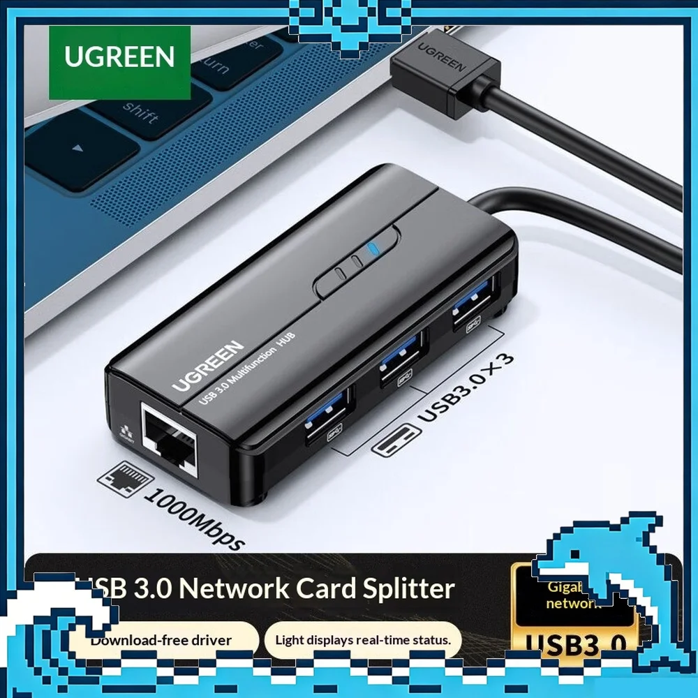 UGREEN 20265 USB 3.0 Hub with 3 USB Ports Gigabit Ethernet RJ45 5Gbps Network Adapter for Laptop Desktop PC