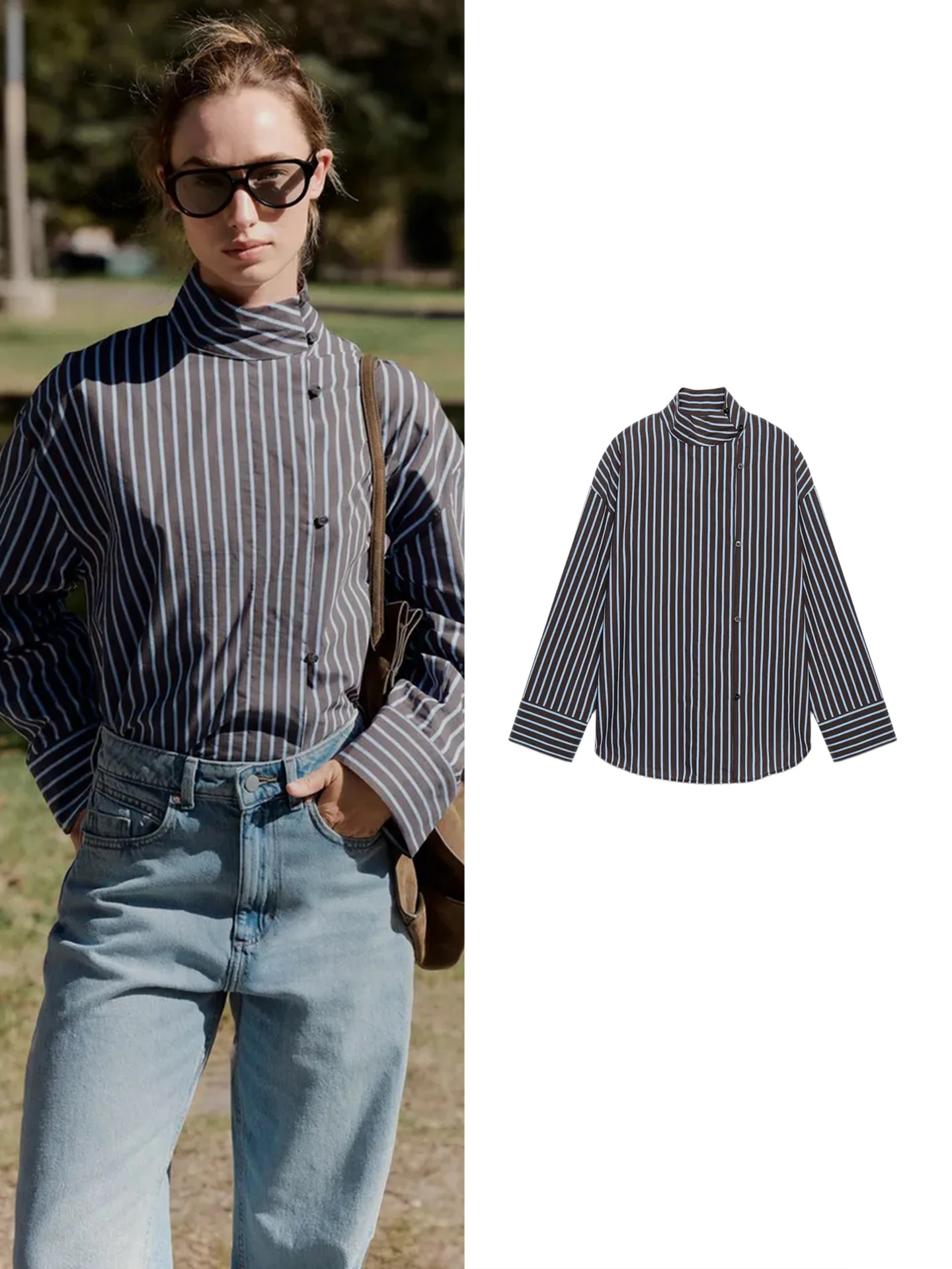New Autumn Commuter Style Women's Shirt Small Stand Collar Long Sleeve Double Breasted Button Striped Polyester Skin Friendly...