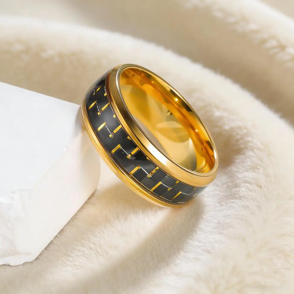Stainless Steel Rings For Men Hip Hop Gold Color Carbon Fiber Vintage Black Wedding Bands Engagement Jewelry Boyfriend Gifts