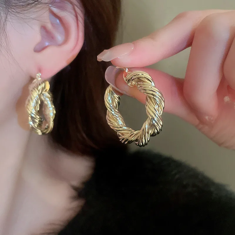 Huitan Gold Color Twist Shaped Hoop Earrings for Women Simple Stylish Girls Ear Loop Earrings Fancy Gift Party Statement Jewelry