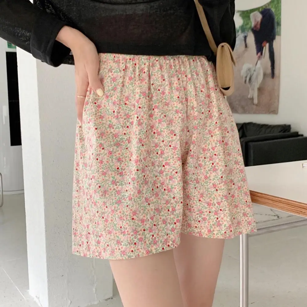 Women Summer Sleeping Shorts High-Waist Elastic Waist Wide Leg Pockets Soft Plaid Floral Print Loose Fit Pajama Shorts Homewear