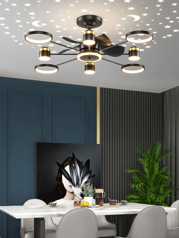 Modern Sky Starlight Chandelier Ceiling Fans with LED Pendant Lamp Remote Control Living Room Restaurant Bedroom Indoor Lighting