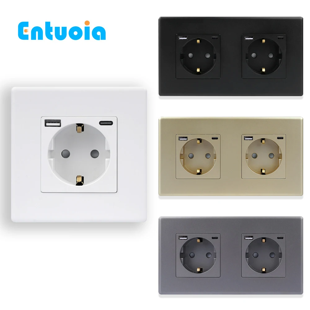 

ENTUOIA EU Sockets Power Socket 250V 16A Plug Electrical Outlet USB Type-C Triple Outputs PC Wall Sockets With Safety Door