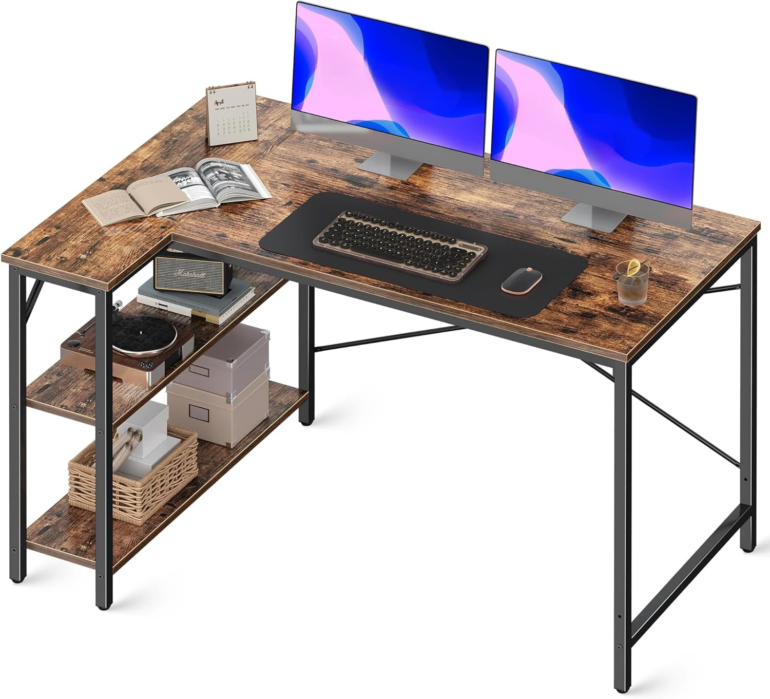 

L-shaped computer desk with reversible storage rack, home office gaming corner table, metal frame writing desk