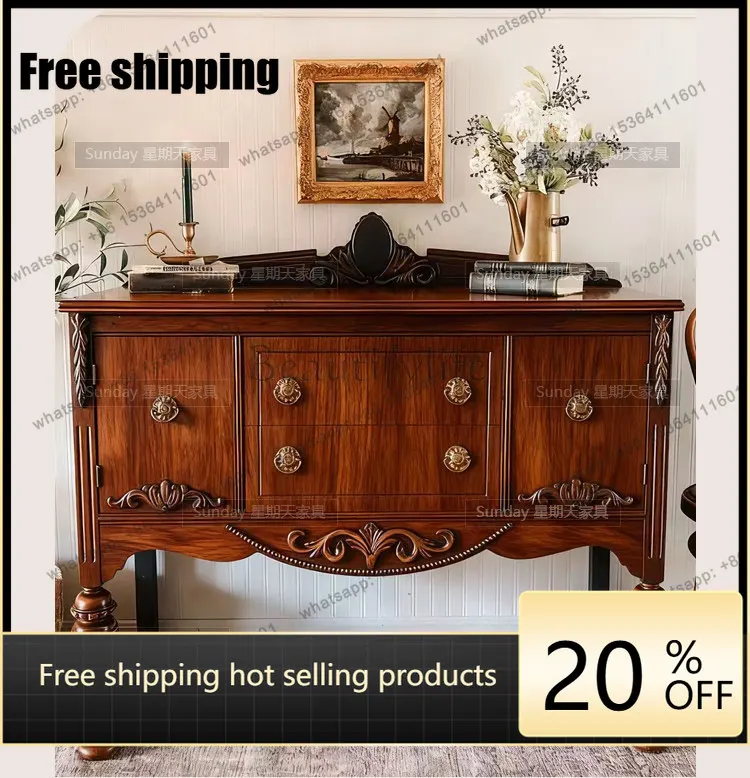 Factory Direct Medieval Style Carved Antique Dining Side Cabinet Living Room Large Capacity Roman Column Entrance Cabinet
