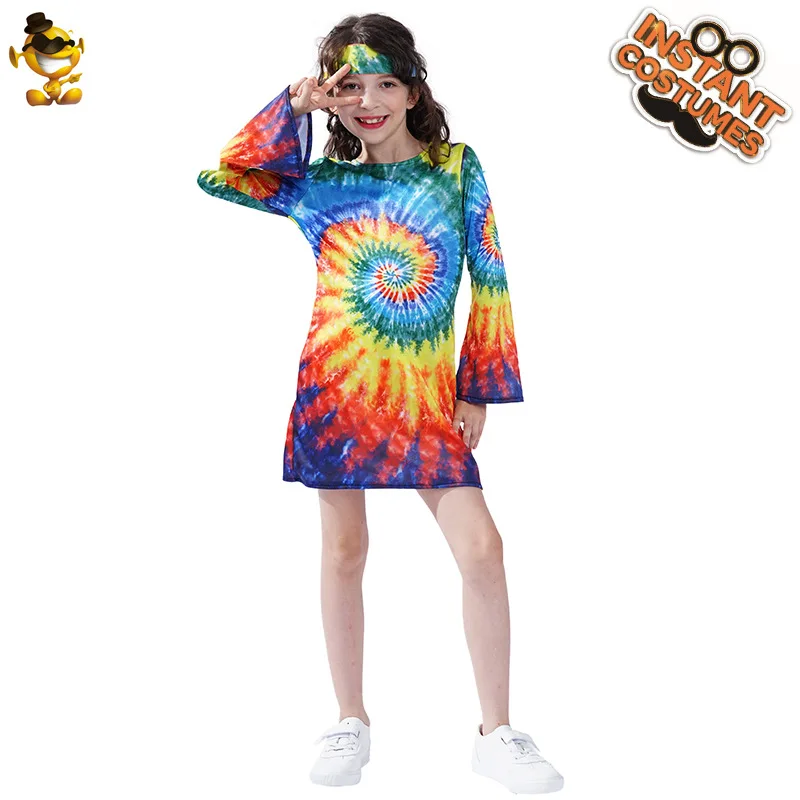 Little Girl Child Hippie Costume American Vintage Dazzle Colorful Hippie Skirt Stage Performance Costume Headband Dress 2pcs