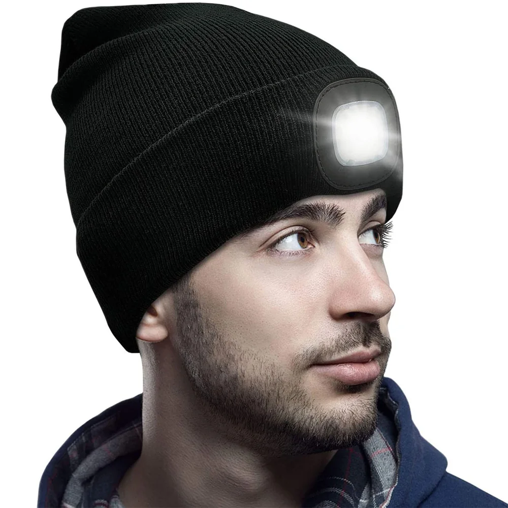 Unisex Beanie Hat with The Light Gifts LED Headlamp Hip-Hop Style Berets Portable for Dad Father Men Husband Warm Knitted Cap