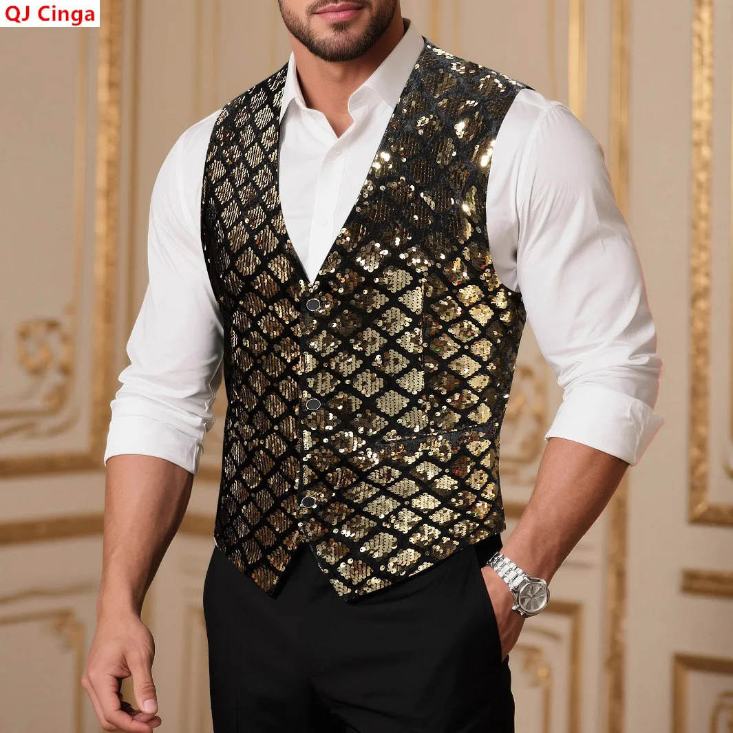 Gold Men's Diamond-patterned Vest with Round, Sparkling Sequin Embellishments, Perfect for Weddings, Parties, and Performances.