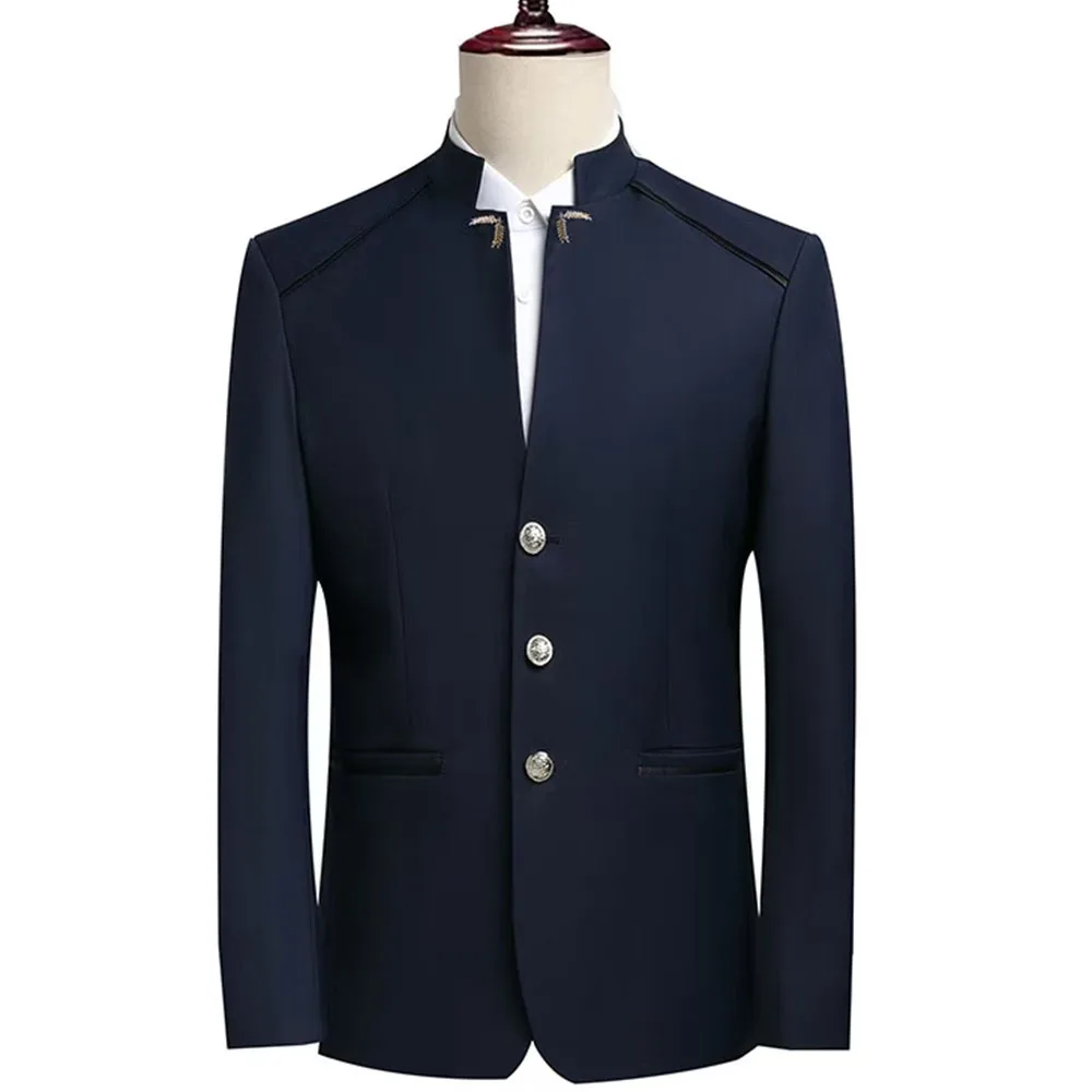 2025 Men's Slim Fit 2 Piece Suit Solid Standing Collar Single Button Suit Jacket Pants Set Tuxedo for Prom