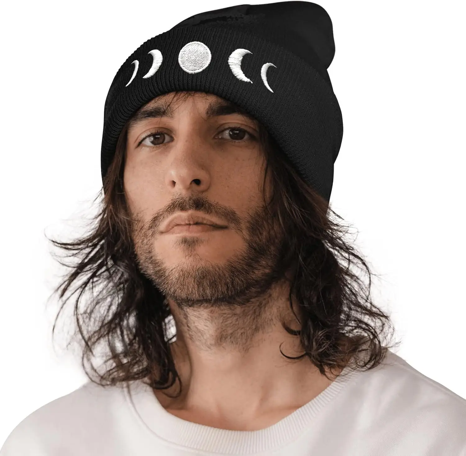 Gothic Goth Crescent Moon Embroidery Beanie Hat for Men Women Winter Warm Stretch Skull Knit Hats Cap Black