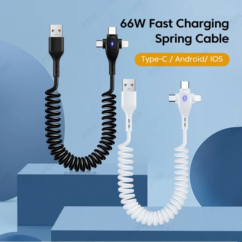 3 in 1 66W 6A Fast Charging USB Type C Cable 3A Micro USB Spring Car For IPH Xiaomi  Samsung Realme Phone Charger Cable