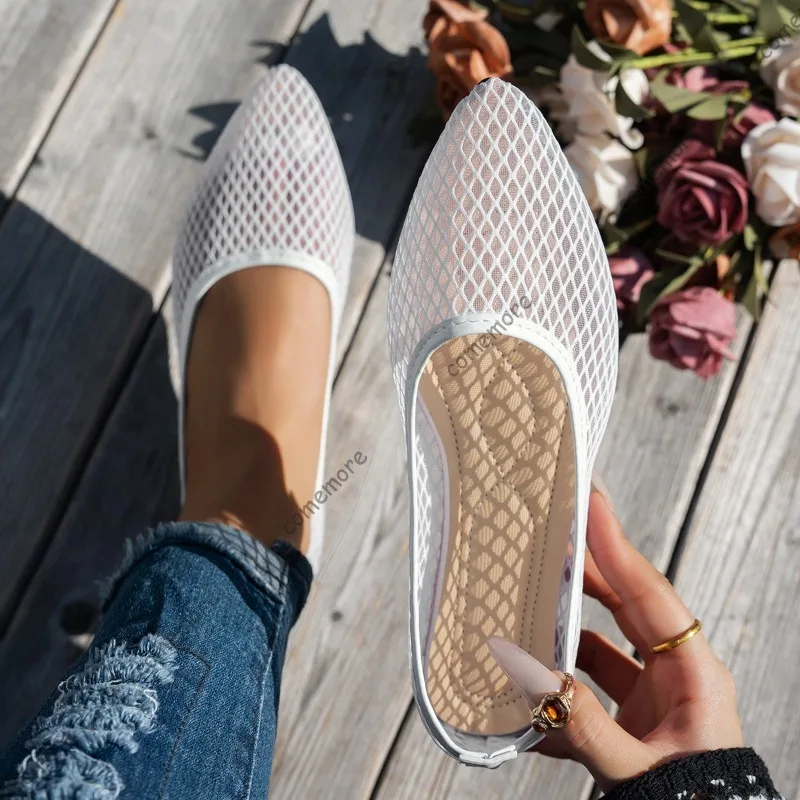 White Mesh Ballet Flats for Women Fishnet Pointed Toe Slip on Lightweight Flat Shoes Summer Outdoor Walking Comfy Casual Loafers