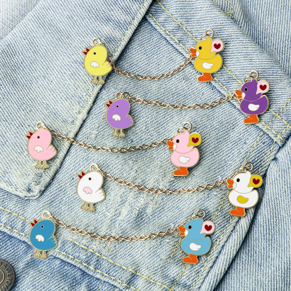 Cartoon Chicken Brooches with Chain Custom Cute Duck Metal Pin Lapel Denim Shirt Backpack Enamel Badges Jewelry Gifts For Friend