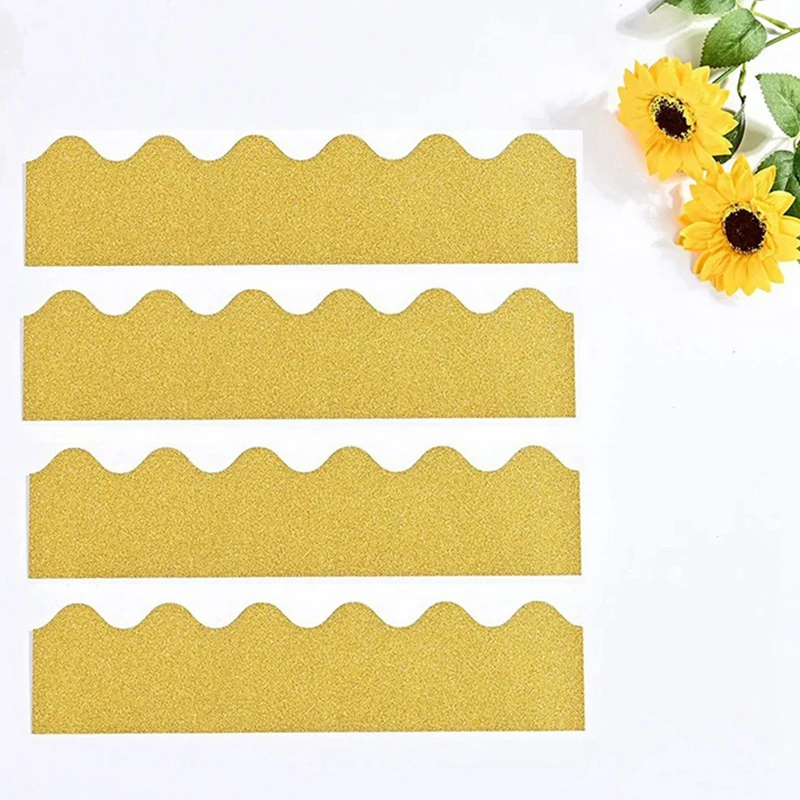 30Pcs Gold Bulletin Board Borders Shine Glitter Scalloped Bulletin Borders Trim For Classroom Office (13X 2.95 Inch)