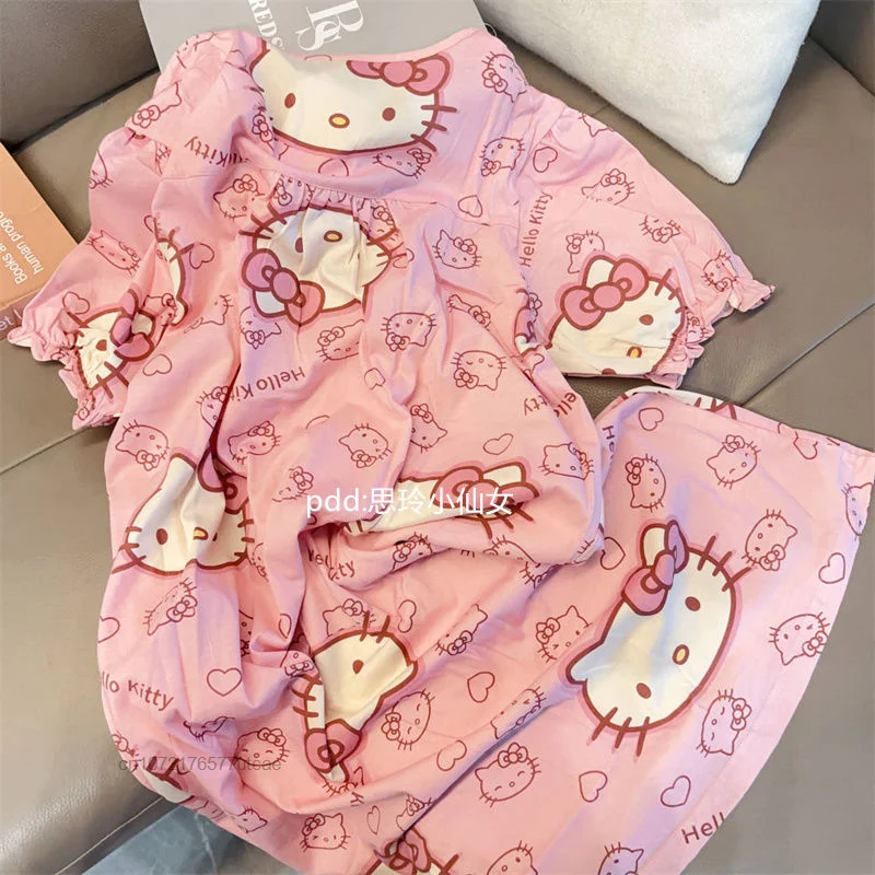 Hello Kitty Nightdress Women\'s Cute Cartoon Sanrio Nightwear Summer New Short Sleeved Medium Length Casual Loose Home Nightgowns