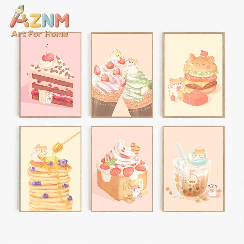 Food Cute Desserts Ice Cream Bread Muffin Sandwich Cake Poster Print Wall Art Pictures Canvas Painting Living Room Home Decor