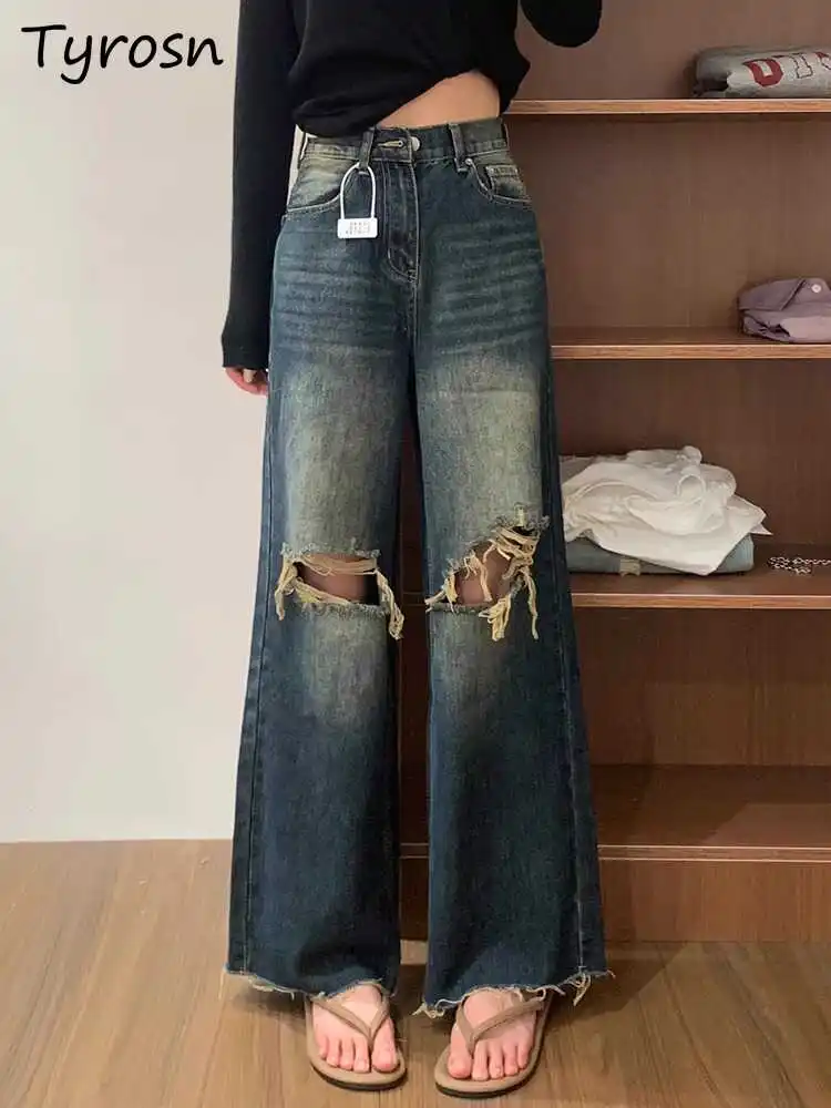 

Jeans Women Vintage Distressed Raw Edge Ripped Autumn New High Waist Loose Wide Leg Straight Full Length Trousers Temperament