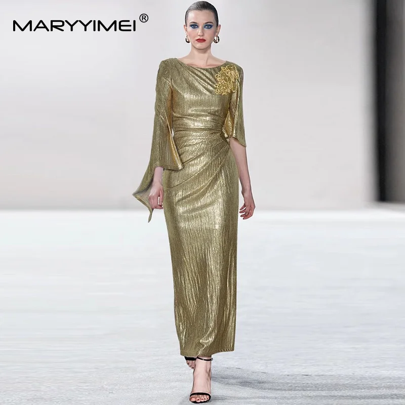 MARYYIMEI 패션 런웨이 여름 나비 슬리브 맥시 드레스 여성용 크리스탈 슬림핏 힙 랩 클럽 파티 의류