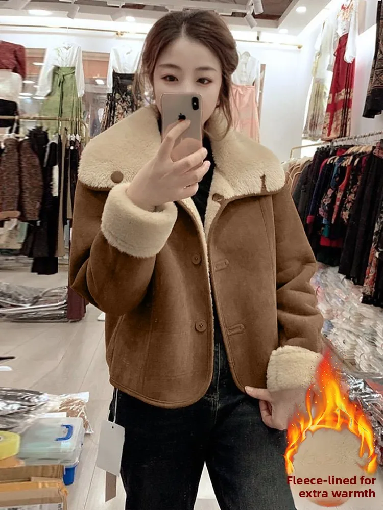 Faionable Casual Lamb Fur ort Jaet Women's Thiened Winter New Sle Age-Defng High-End Feeling Cotton Coat