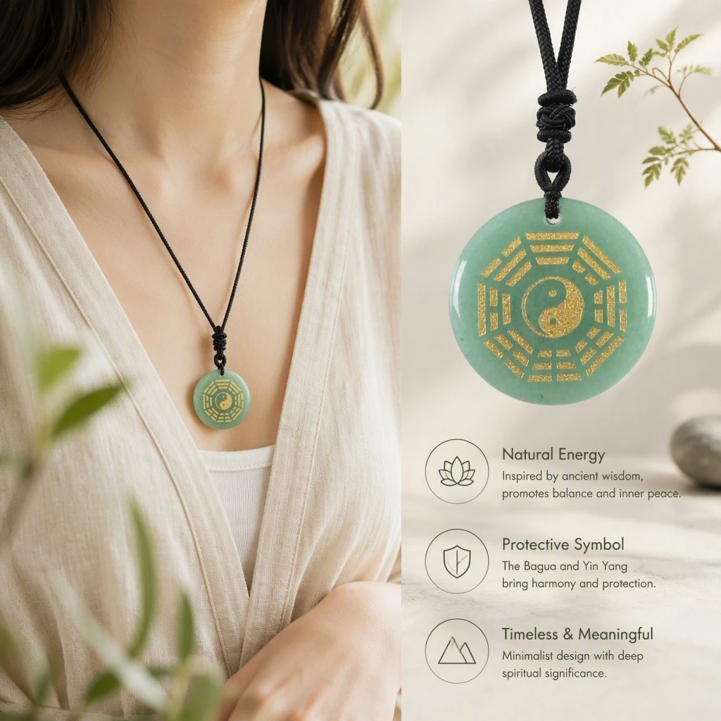 Chinese Fengshui Eight Diagrams Crystal Stone Pendant Rose Quartz Lucky Divination Chart Black Talisman Agate Jewelry Necklace