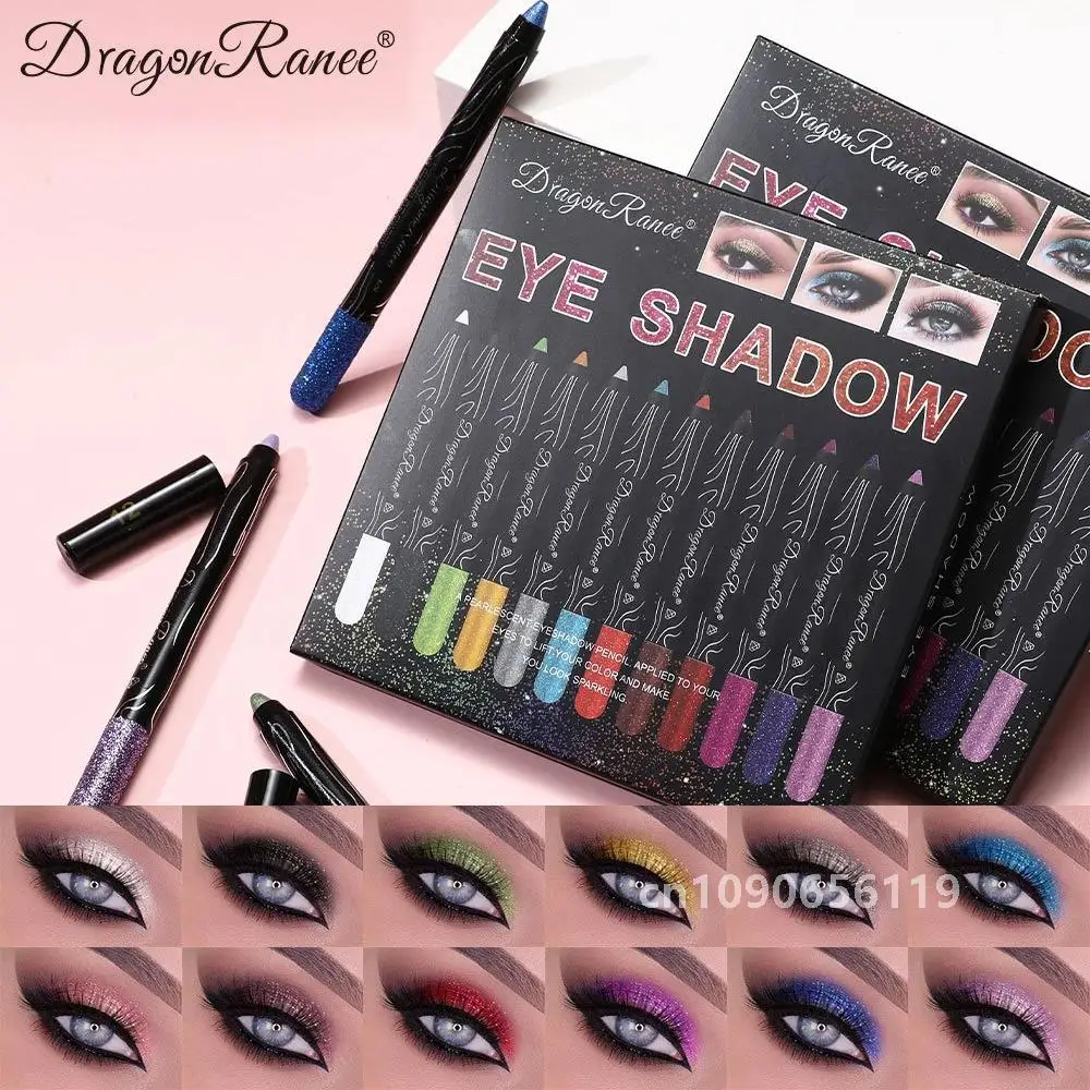 12 unids/caja lápiz de sombra de ojos lápiz delineador de ojos oro púrpura azul sombra de ojos brillo gusano de seda pluma pigmento de ojos maquillaje impermeable