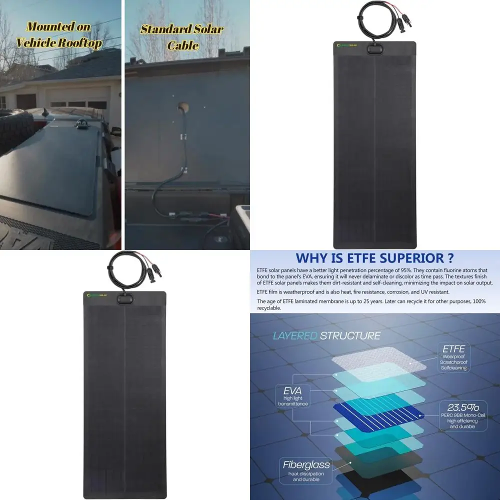 

Гибкая солнечная панель 50 Вт, черная, 34x14 дюймов, водонепроницаемая, легкая, высокоэффективные монокристаллические PERC-элементы для автодомов, фургонов, палаток