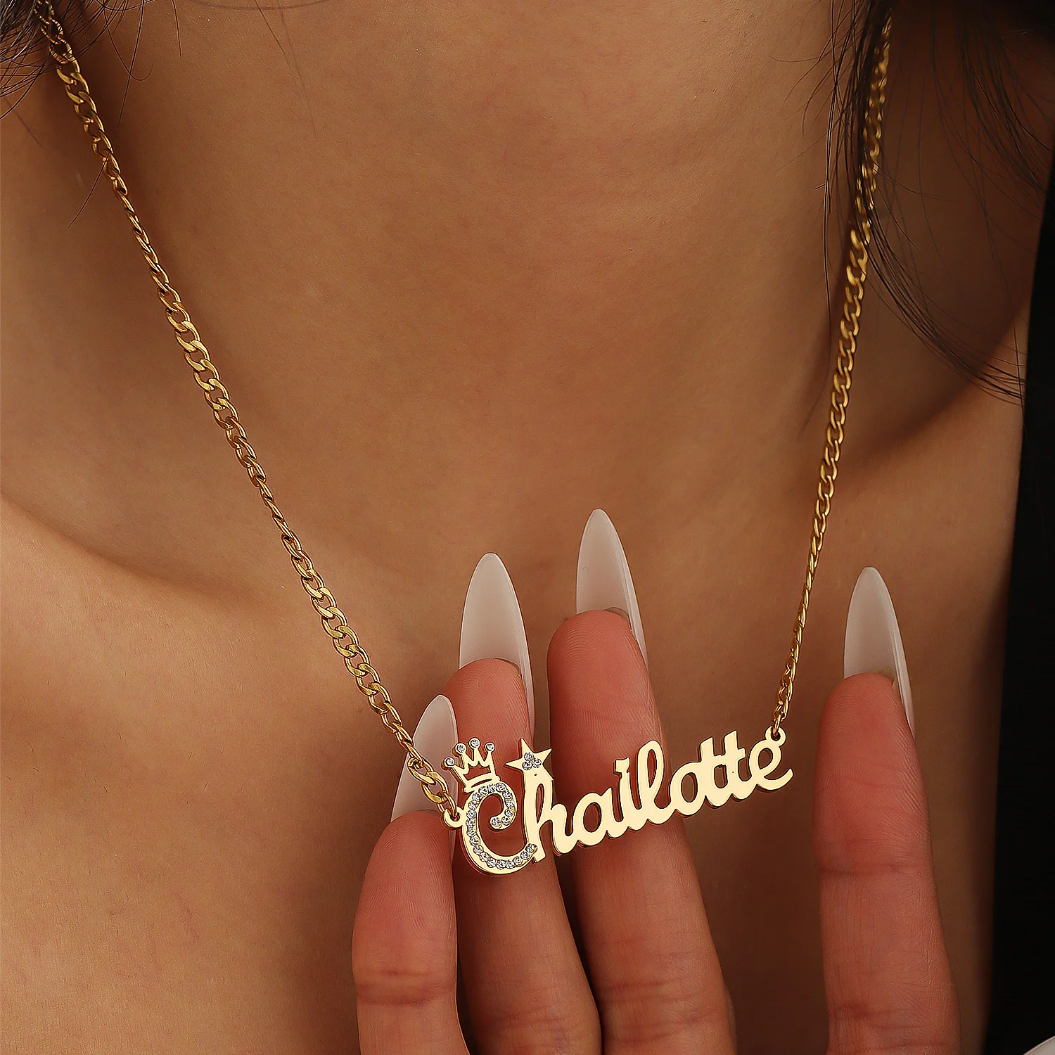 Personalisierte Namenskette mit Krone, 18K vergoldet, Goldstern-Kristall-Namensschild-Anhänger, die Superstar-Namensketten – Detail 8