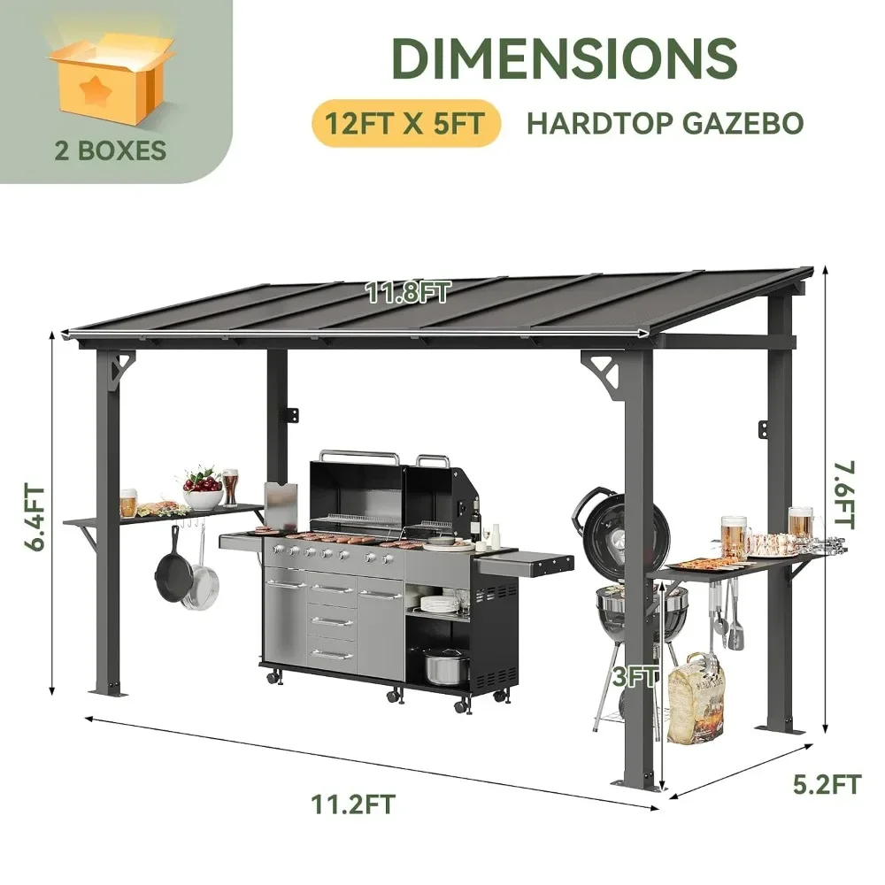 12x5 FT Polycarbonate Gazebo with Sloping Steel Roof, All-Weather BBQ Canopy with 2 Shelves & Hooks for Patio Backyard, Custom