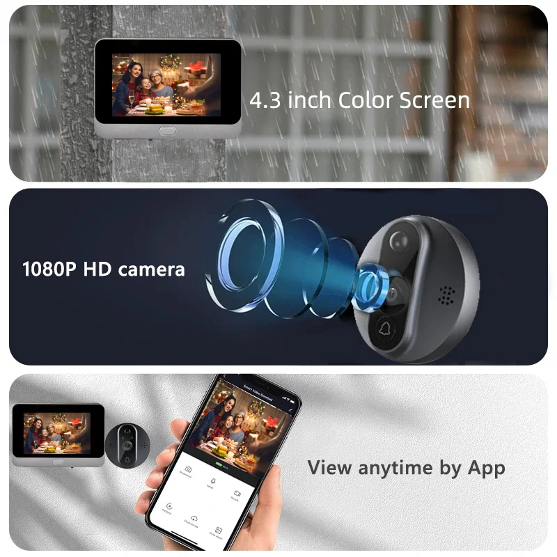 4.3 Inch WiFi Tuya Smart Video Digital Peephole Door Camera Two-way Audio 2MP Night Vision Wireless Digital Magice Eye Door Bell