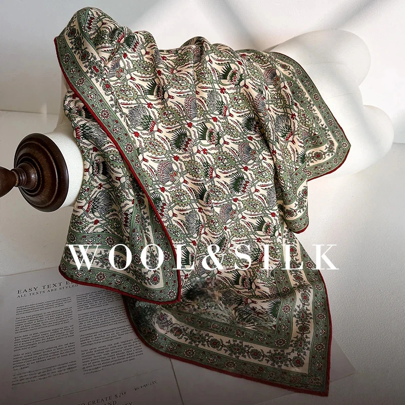 

2026 Luxury Brand Green Print Wool Silk Scarf for Women Autumn Winter Bohemian Square Scarf 70% Wool 30% Silk Neck Warmer