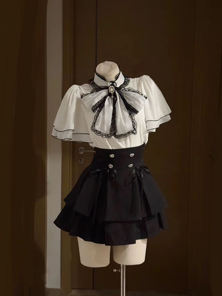 Japanese Lolita Bow Chiffon Blouse Suit Women Y2K Gothic Lace Patchwork Streetwear Mini Skirts Sweet Preppy Splicing 2 Piece Set