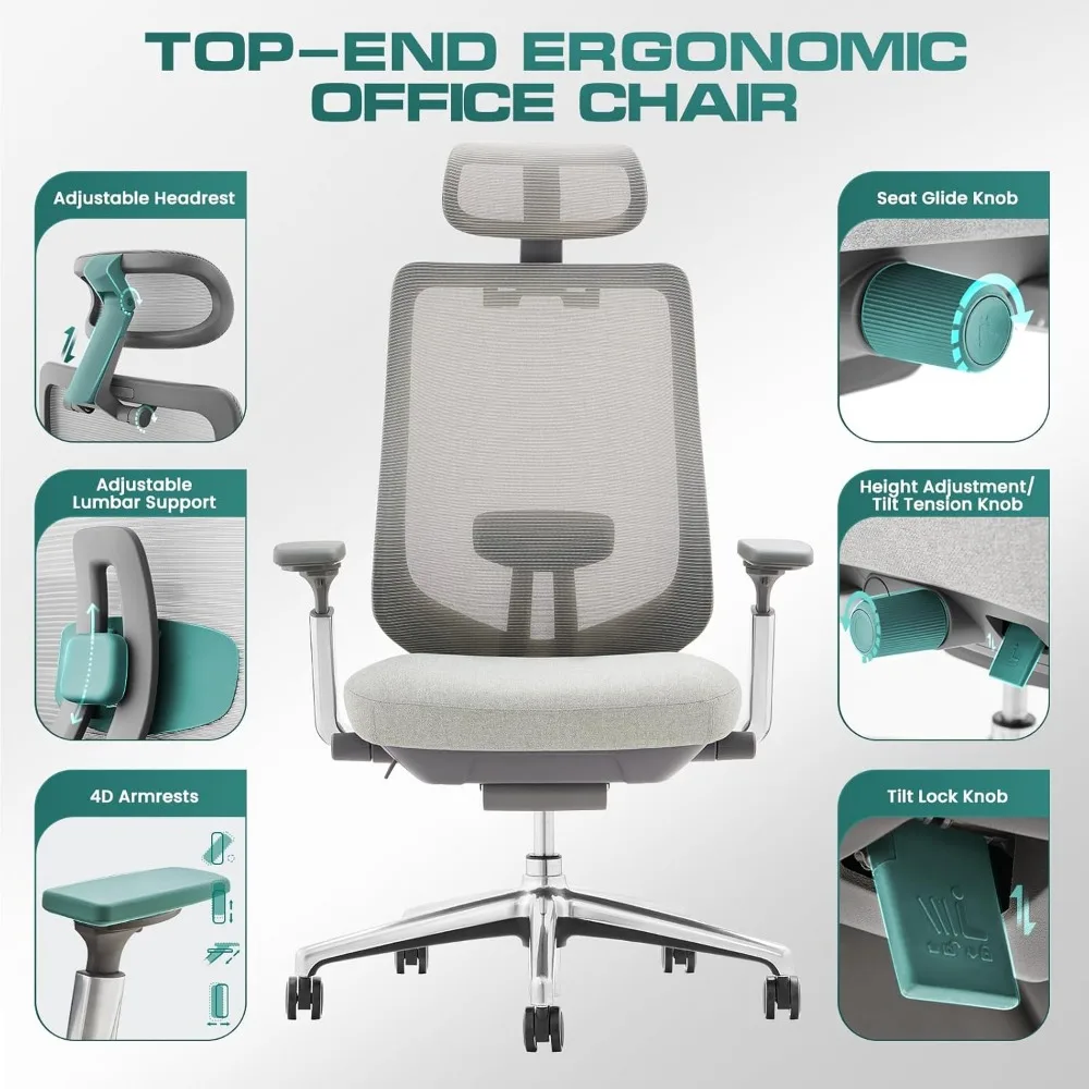 COLAMY Ergonomic Mesh Office Chair, High Back Computer Executive Desk Chair with Adjustable Headrest and 4D Arms, Slide Seat, Ti
