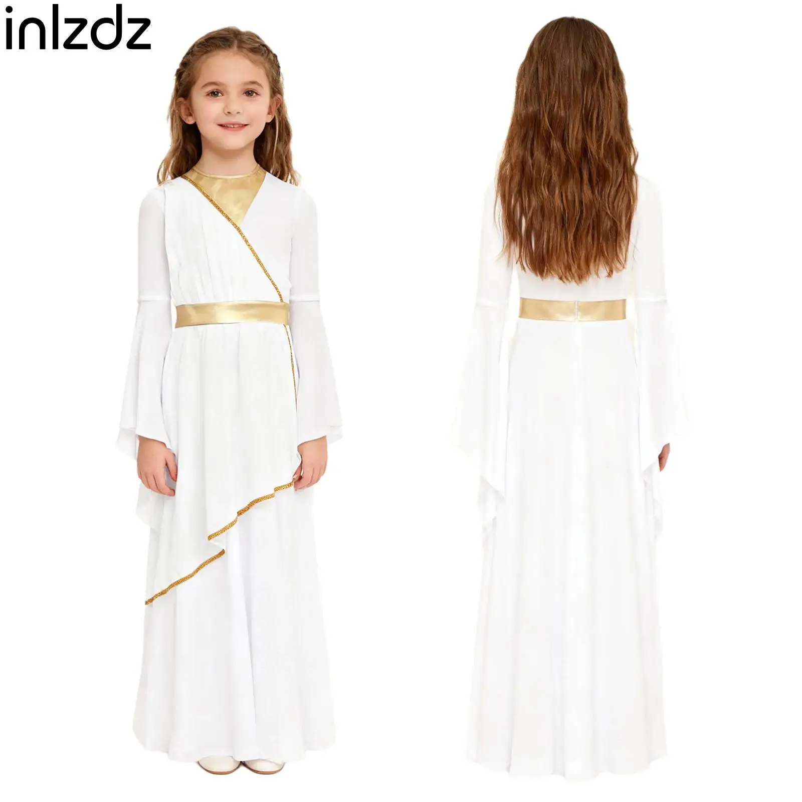 

Girls Ancient Greek Princess Dress Long Sleeve Maxi Dress Egypt Princess Costume for Halloween Carnival Masquerade Cosplay Party