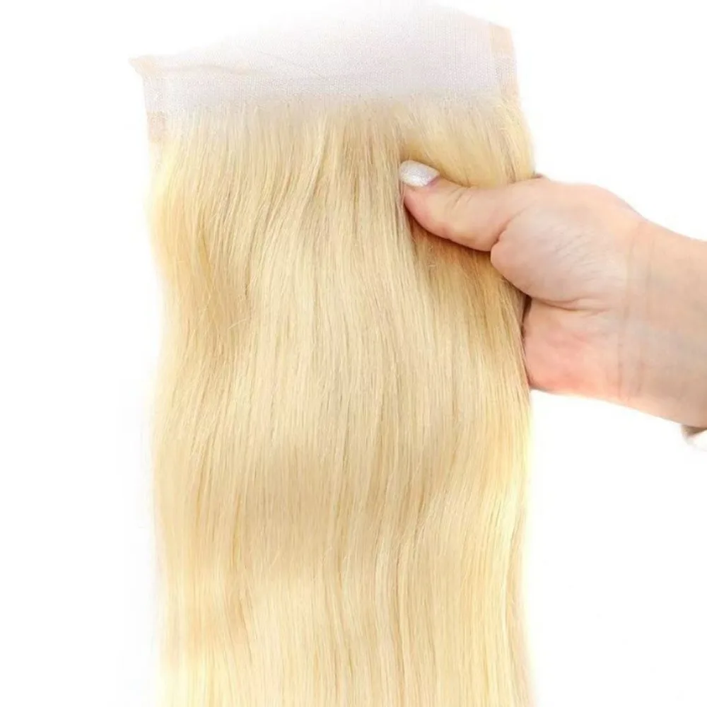 613 Blond 4x4 Vetersluiting Recht Echt haar Kantdeel Braziliaans maagdelijk haar 150% Haardichtheid Volledig uiteinde 10-22 inch