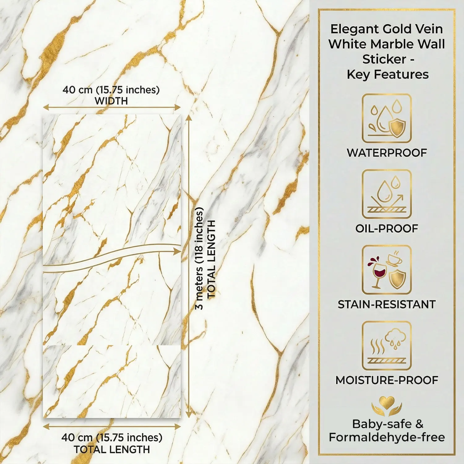 1 Rolls Glossy Marble Effect Self-Adhesive Wallpaper Continuous Self-Stick Decorative Wall Sticker Suitable for Bathroom Kitchen