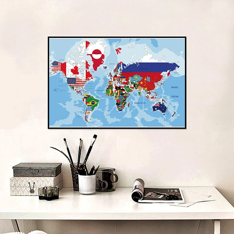 O Mapa do Mundo em Inglês Pintura Da Lona, Wall Art Poster e Impressões, Ensino Suprimentos, Sala, Casa, Decoração de Escritório, 45x30cm